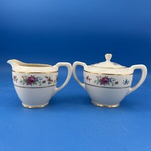 Vintage Lenox Rose J-300 Floral Sugar Bowl with Lid Creamer Set Mint Condition